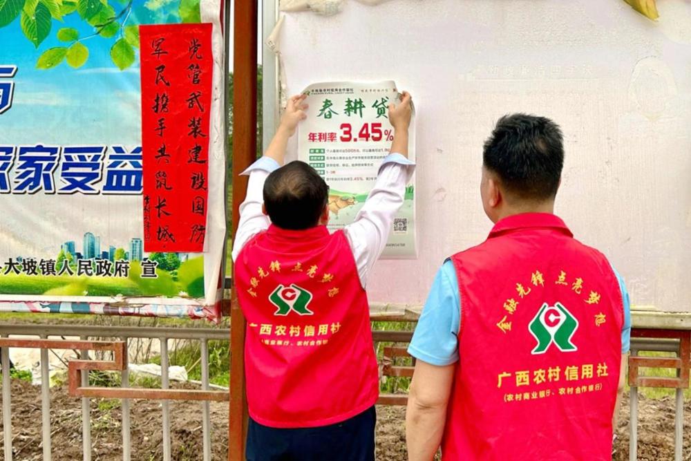 图为平南联社大坡信用社金融先锋到村委会张贴“春耕贷”宣传海报 平南联社供图